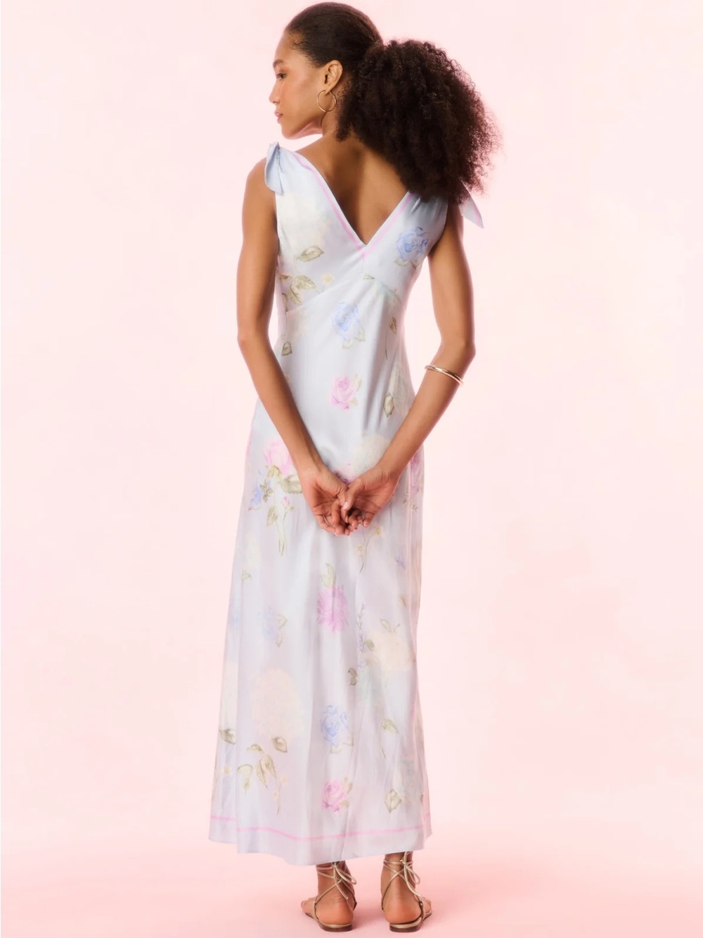 LoveShackFancy Perri Floral Scarf Tie-Shoulder Maxi Dress - Light Blue - Picture 3 of 6